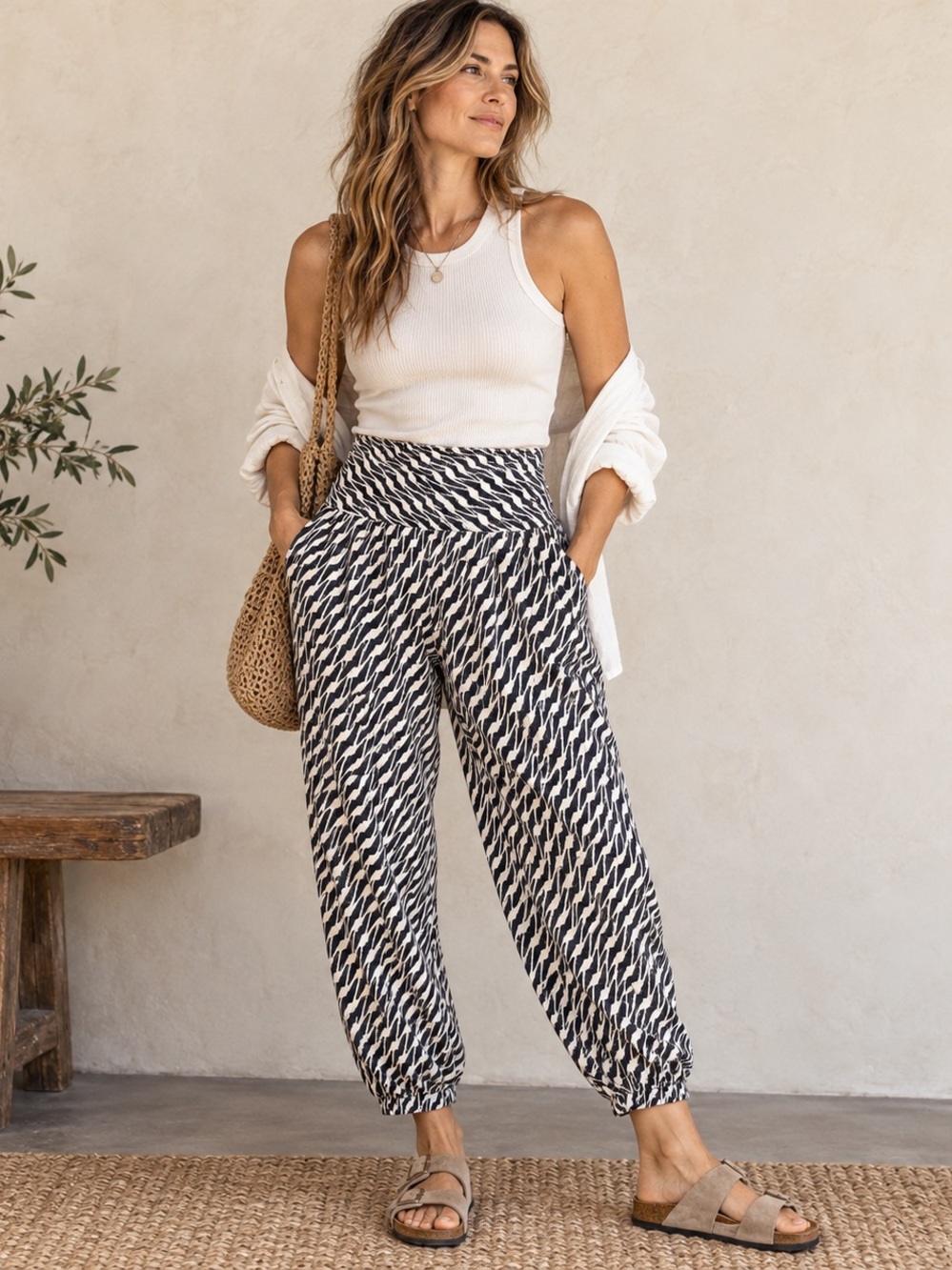 Anthropologie Linen Blend Printed Harem Pants Cropped Jogger